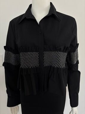 Women’s Black Button-Down Ruffle Shirt with Contrast Band